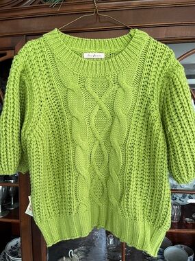 Ces Femme Lime Green Cable Knit Short-Sleeve Sweater